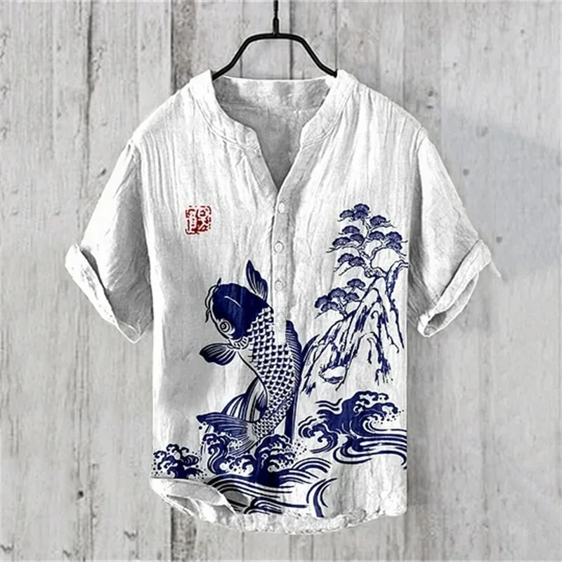 Men Summer V-neck Short Sleeve T-shirt Casual Print Linen Blended Shirt