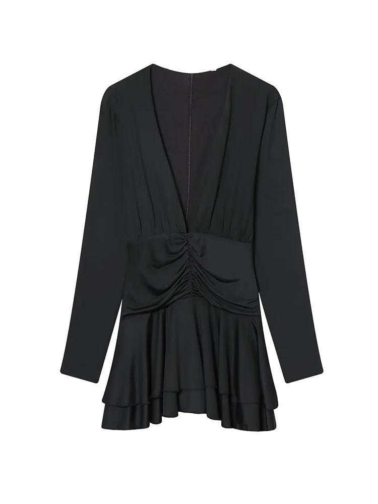 Autumn Women's Elegant Slim Fit Long Sleeve Dress Elastic Pleated Fashion Casual V Neck Mini Dress Lady Sexy Tierred Dresses