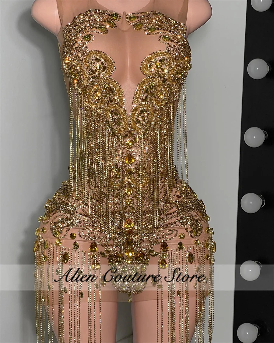 Sexy Gold Crystals Short Prom Dress Luxury For Black Girsl Diamonds Beads Tassels Homecoming Gown Birthday Dress Customized