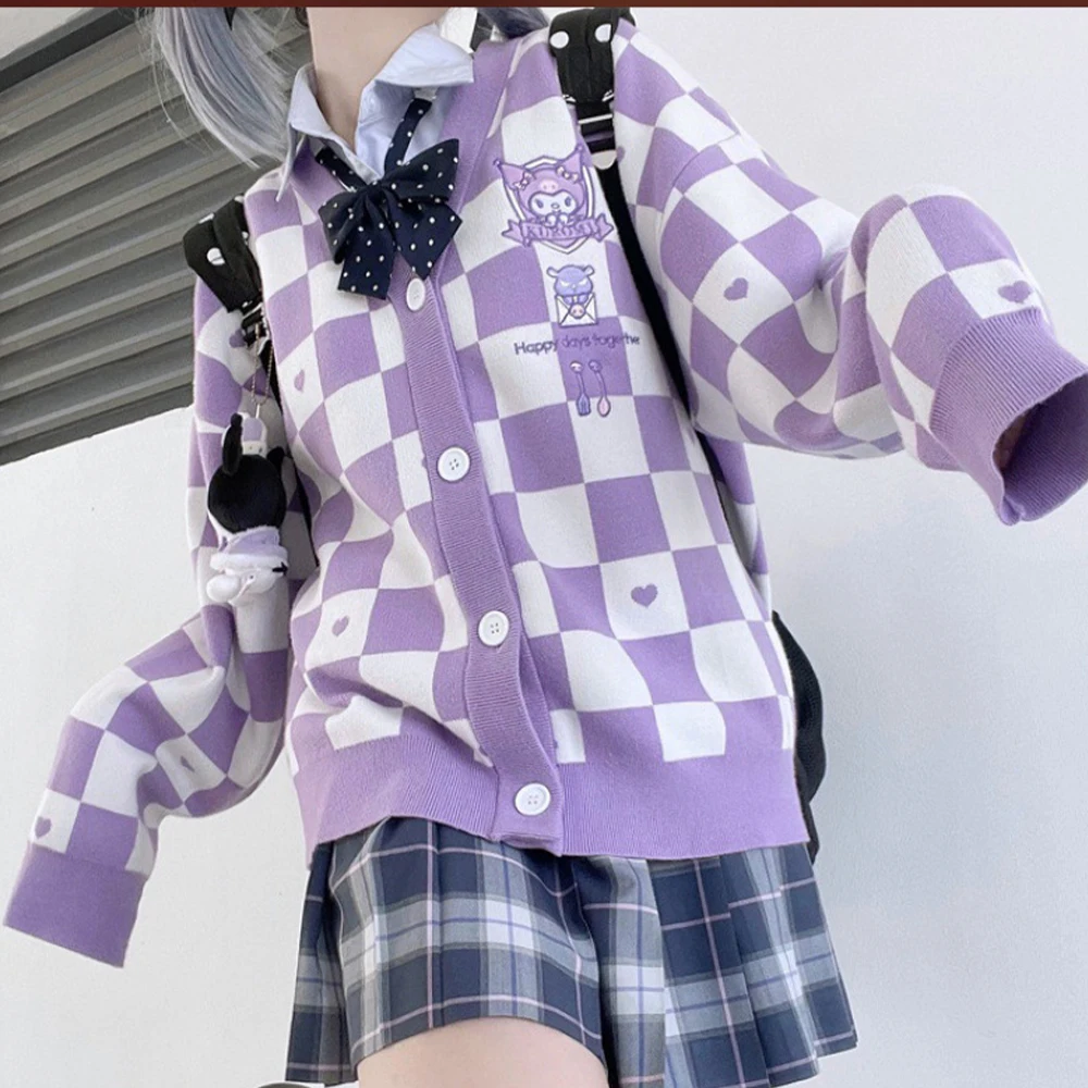 Cartoon Cinnamoroll Kuromi Embroidery Knitted Sweater Cardigan Japanese Sanrioed Y2K Kawaii Women Jk Uniform Spring Loose Coat 6