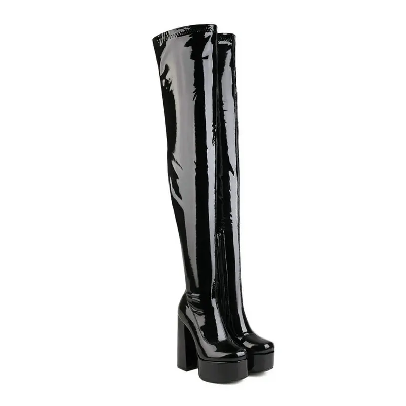 Women Over the Knee Boots Platform Square High Heel Ladies Long Boots PU Leather Round Toe Zipper Party Women's Shoes Black