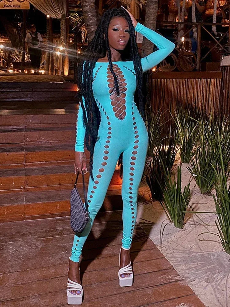 YUZHEXI Sexy Holes Rip Jumpsuit Mesh See Through Long Sleeve