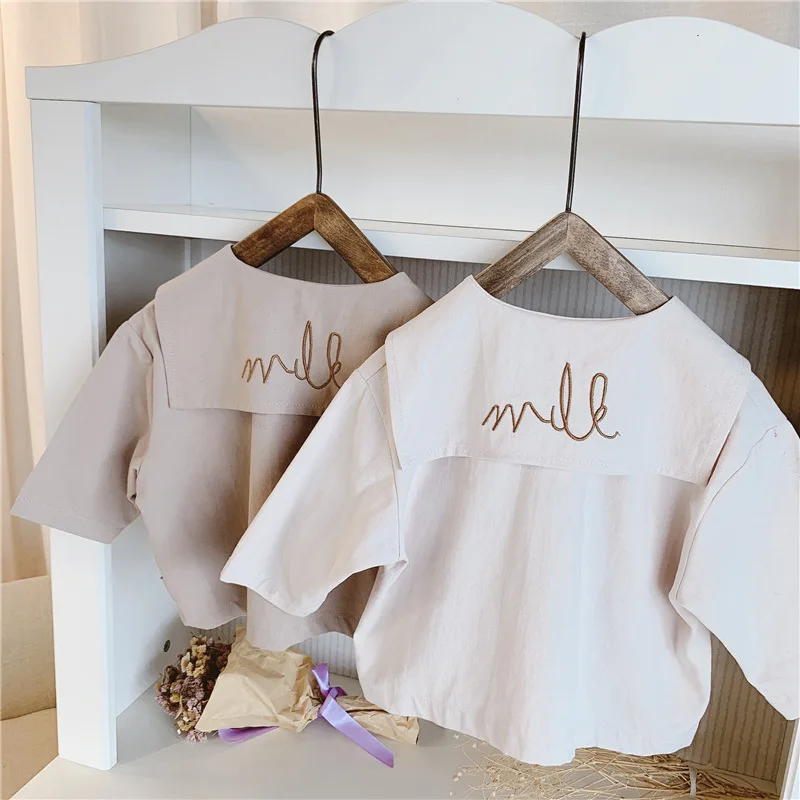 

Baby Girls Korean Style Embroidery Letter Shirts Crew Neck Long Sleeve Tops Children Clothes Autumn New Toddlers Kids Blouses