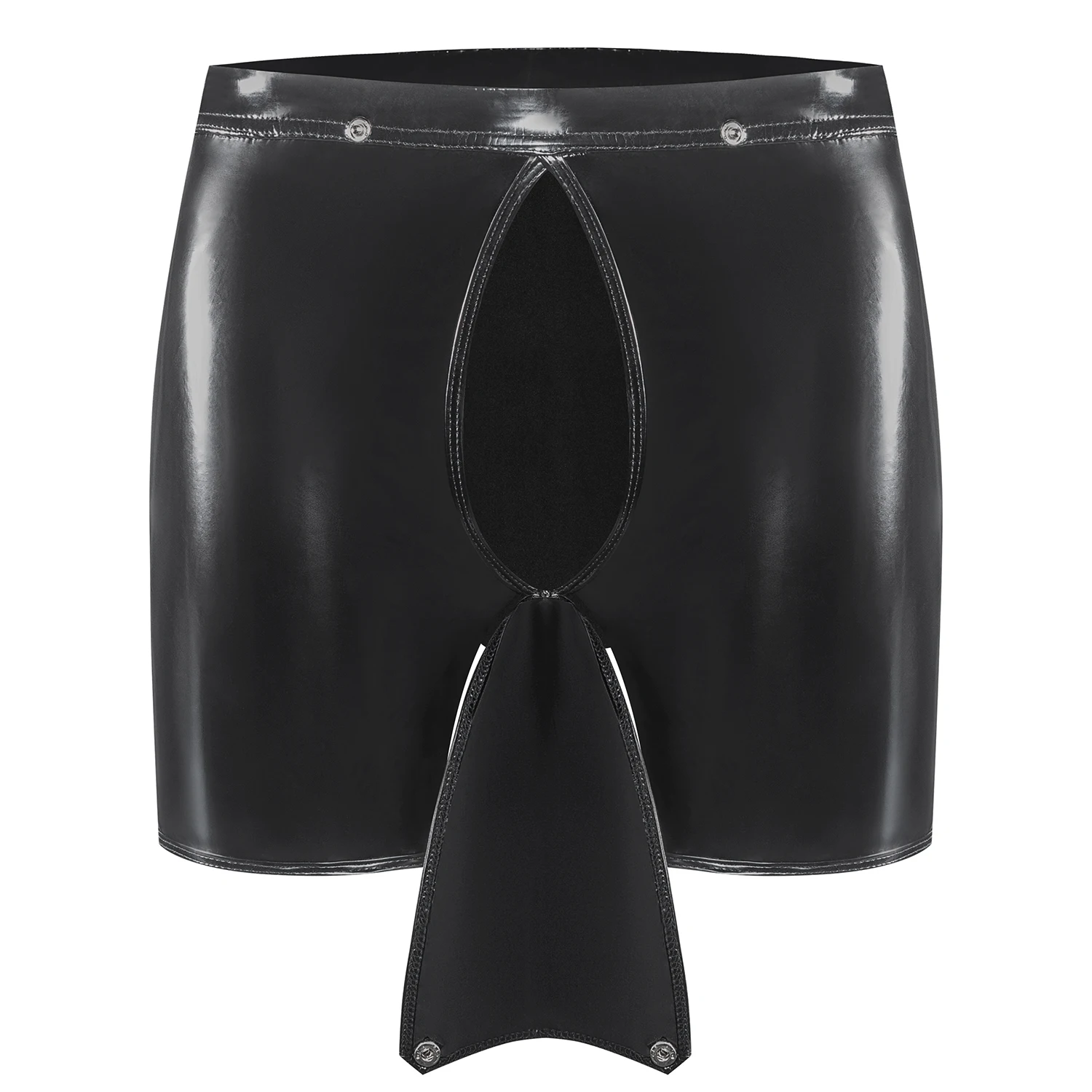 Mens Sexy Open Crotch Shiny Leather Short Pants Button Crotchless Wetlook Leather Fetish Boxer Detachable Buckle Pouch Clubwear