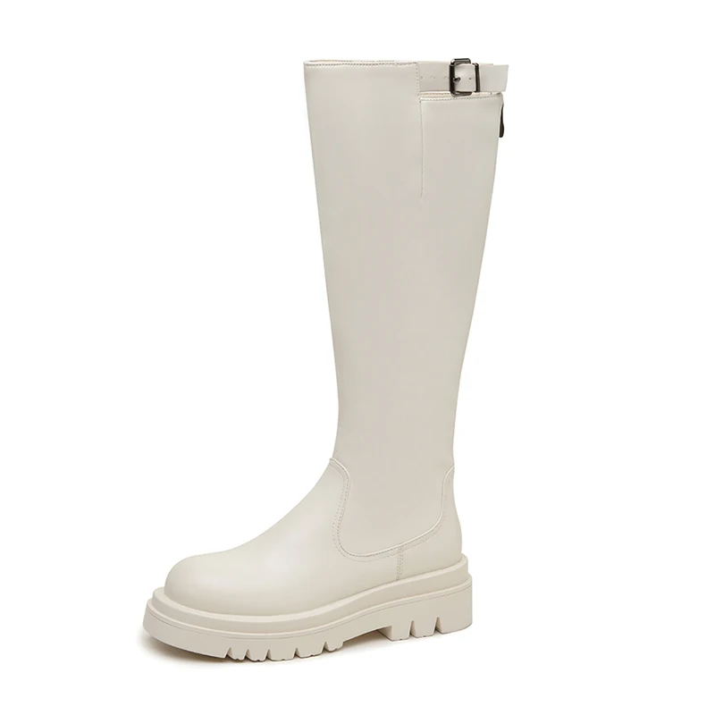

2023 Women Genuine Leather Knee-High Boots Winter Ladies Zipper Boots Black Beige Round Toe Chunky Heels Fashion Casual Boots