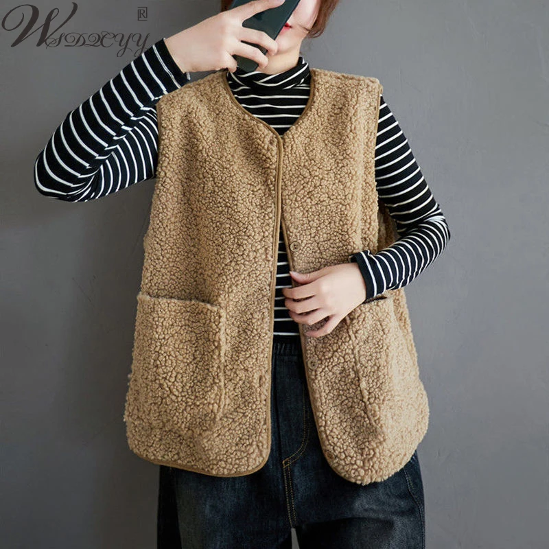 Faux Fleece Cropped Vest Women Casual Round Neck All-Match Lambwool Waistcoat Autumn Winter Warm Pocket Sleevless Jacket Outwear