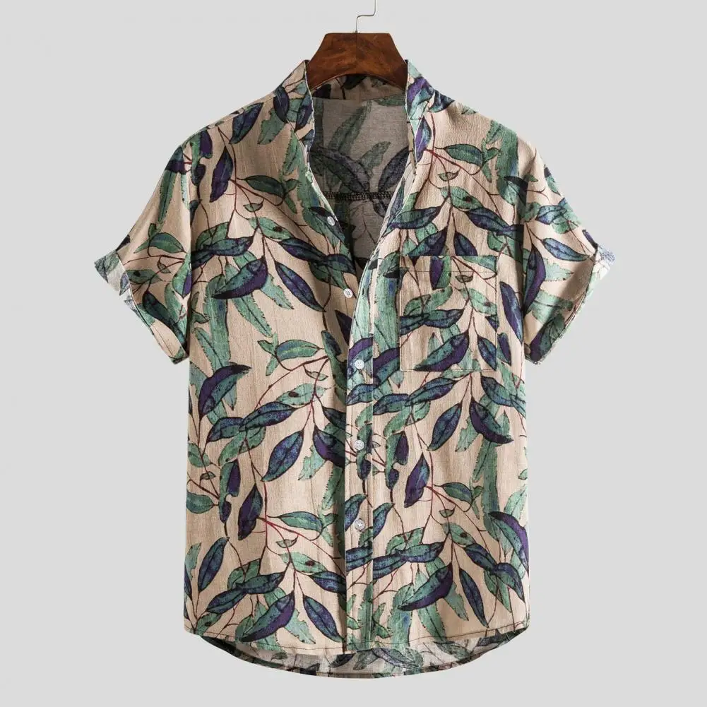 

Retro Style Men Shirt Stylish Men's Stand Collar Striped Shirt Breathable Short Sleeve Casual Top Soft Loose Fit for Daily