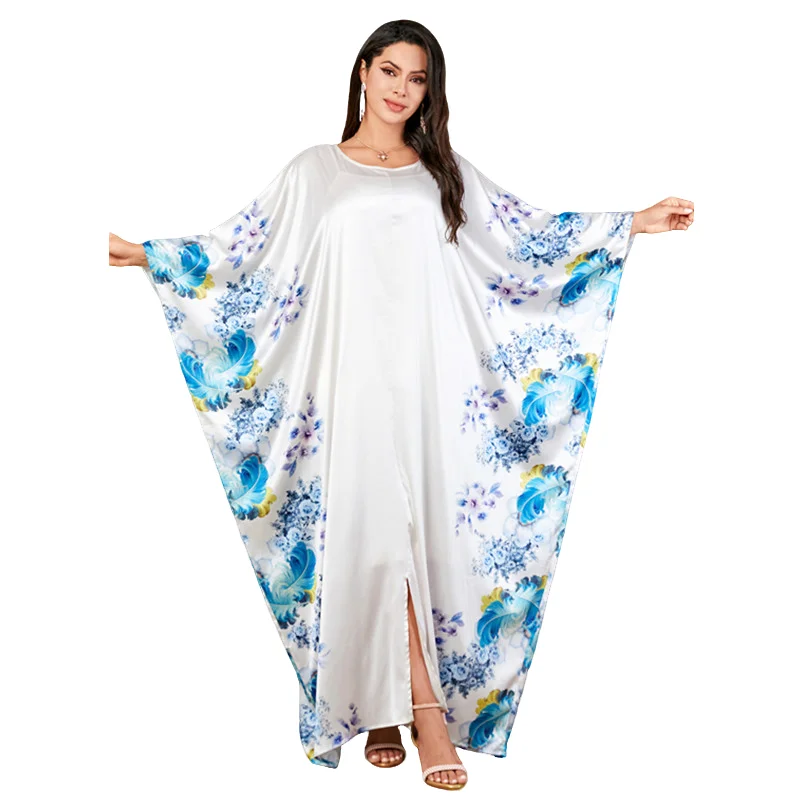 White Muslim Dress For Women Loose Turkey Woman Robe Batwing long Sleeve Dubai Pleated Casual Party Islamic Print Clothing