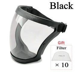 Enhanced Transparent Full Face Shield for Outdoor Safety and Work Protection - Splashproof Design for Various Applications (Black with 10Filter)