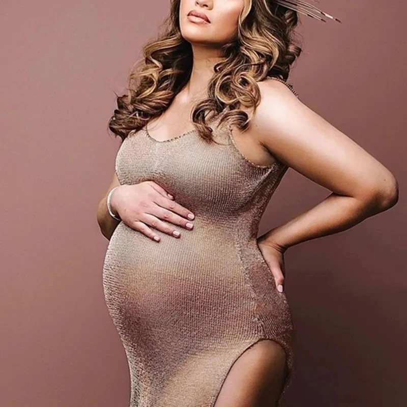 Maternity Photography Dress Bohemian Sexy Mesh Pregnancy V Neck Sides Slit Suspender Dress Knit Photoshoot Dresses For Pregnant womens dresses