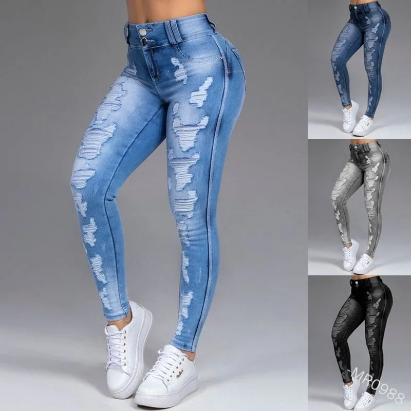 

Women Fashion Trousers High Waist Youth Jeans Europe America Hole Slim Stretchy Jeans Pencil Pants Women Full Length Folds Jeans