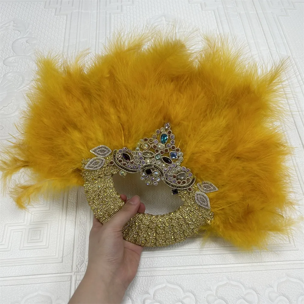 1pcs African Turkey Feather Hand Fan, Feathers Handfan For Dance, Wedding Decoration, Fan with Pearls One-Sided Blue Fan-AF30