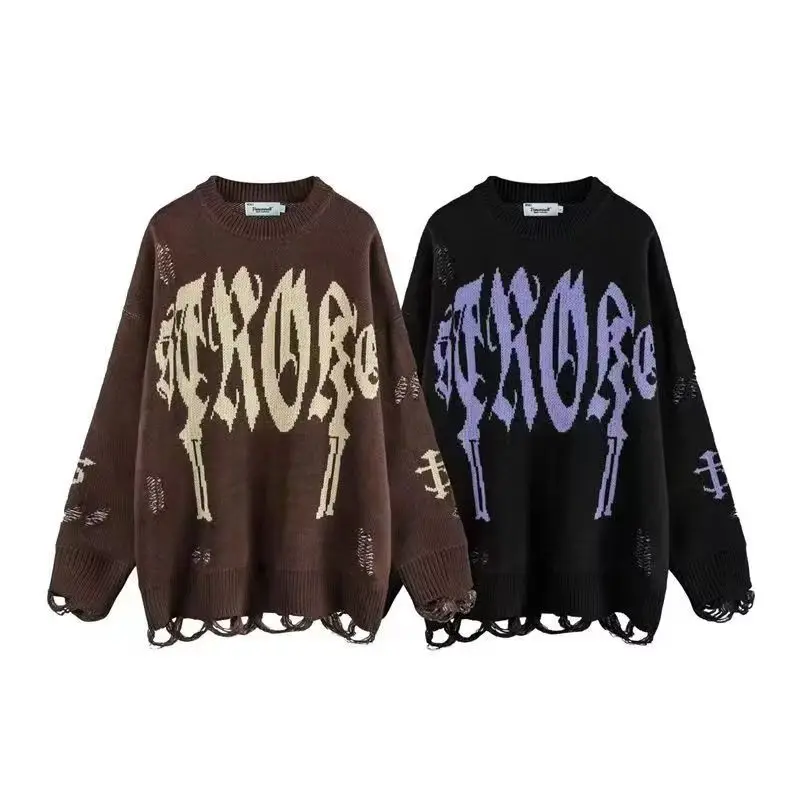 

Harajuku Priest Salvation Printed Knitwears Women Streetwear Hip Hop Destroyed Hole Ripped Pullovers Jumper Oversized Men 2022