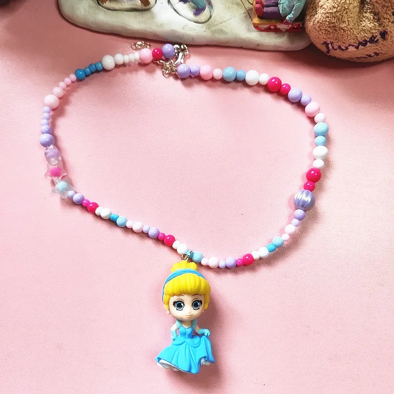 Disney Princess Mermaid Cartoon Cute Snow White Colorful Beaded Necklace Neck Chain Adult Children's Necklace Accessories