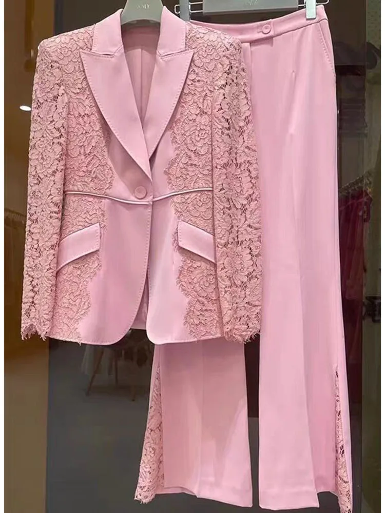 HIGH STREET Newest 2024 Runway Designer Slim Suit Set Elegant Women's Lace Patchwork Single Button Blazer Flare Pants Set 2piece