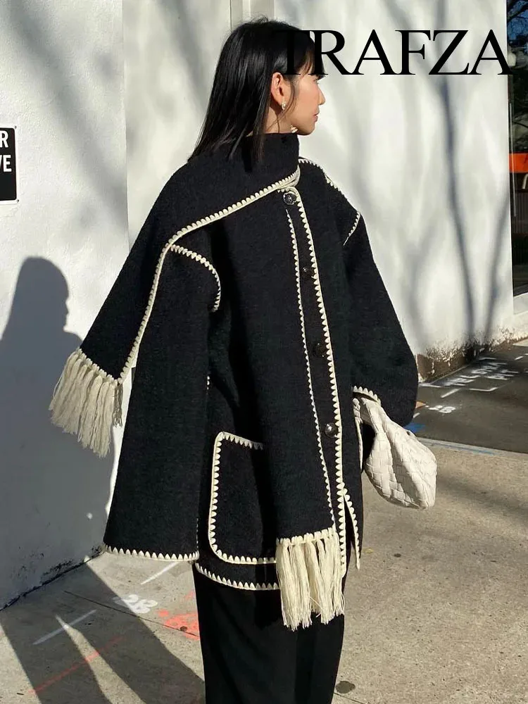 TRAFZA 2023 New Fashion Coat For Women O Neck Long Sleeve Crochet