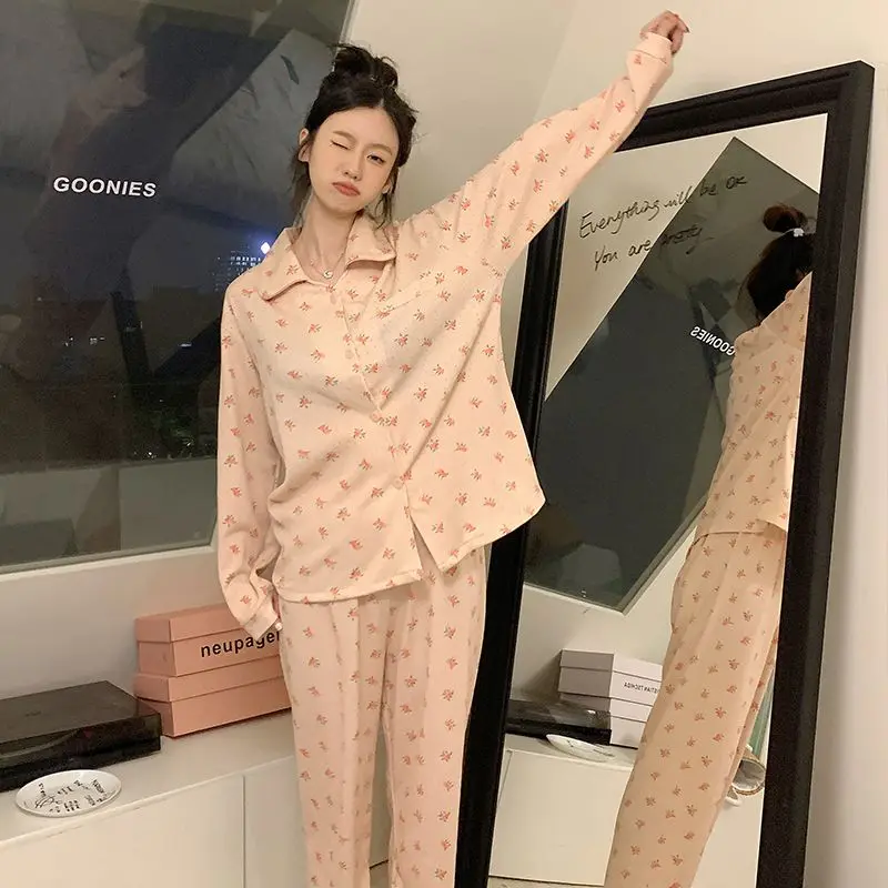 2024 New Women's Spring Autumn Pajamas Long-Sleeved Woven Cotton Doll Collar Sweet Sleepwear Set Female Floral Homewear Suit