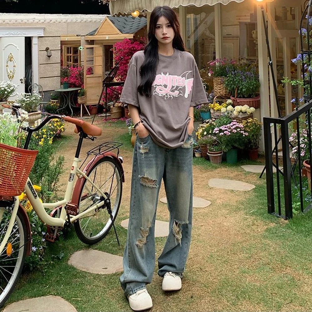 American Retro Hole-punched Jeans Women High Waist Straight-crotch Loose Slim Design High-street Vibe Wide-legged Dragging Pants 4