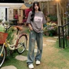 American Retro Hole-punched Jeans Women High Waist Straight-crotch Loose Slim Design High-street Vibe Wide-legged Dragging Pants 4