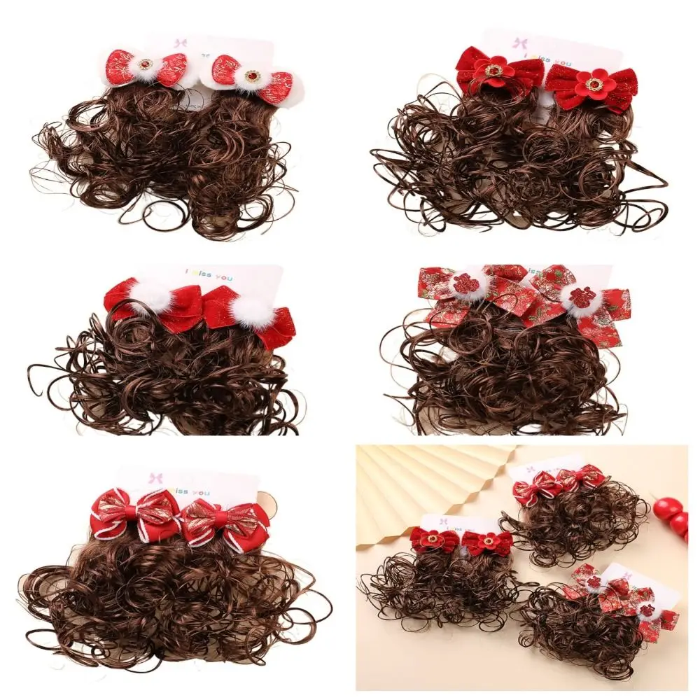 

Hair Accessories Children Wig Curly Hairpin Princess Hanfu Headdress New Year Barrettes Chinese Style Red Bow Hair Clip Makeup