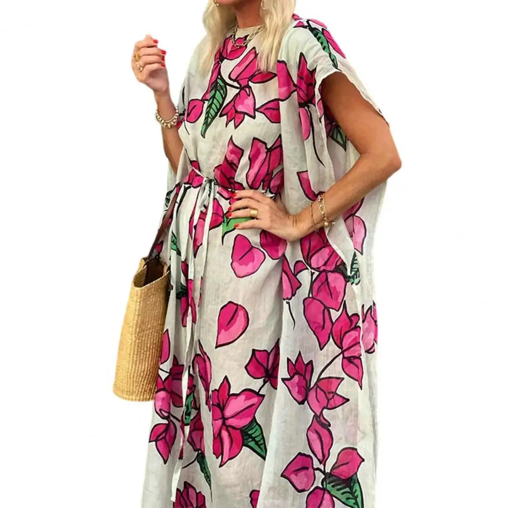 

Women Printed Dress Flower Print Oversized Maxi Dress with Lace-up Waist Bat Sleeves for Women's Vacation Wear Floral Print