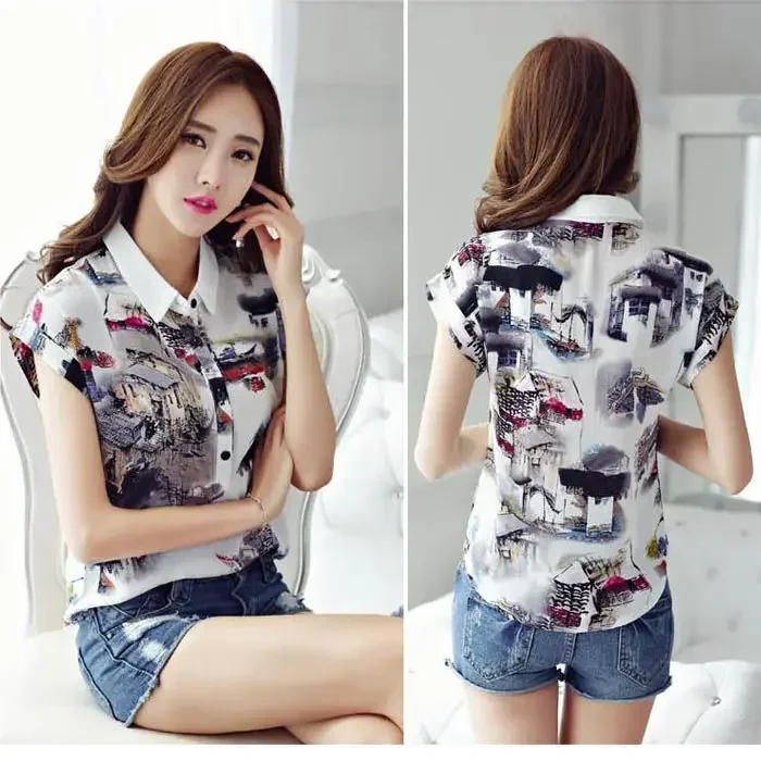 

Women Spring Summer Style Chiffon Blouses Shirt Lady Casual Short Sleeve Turn-down Collar Printed Casual Loose Tops