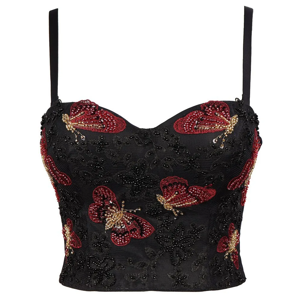 

2022 Fashion Sexy Women Tops Butterfly Beads Outerwear NightClub Disco Latin Dance Feather Camisole Stage Costumes Black Bras