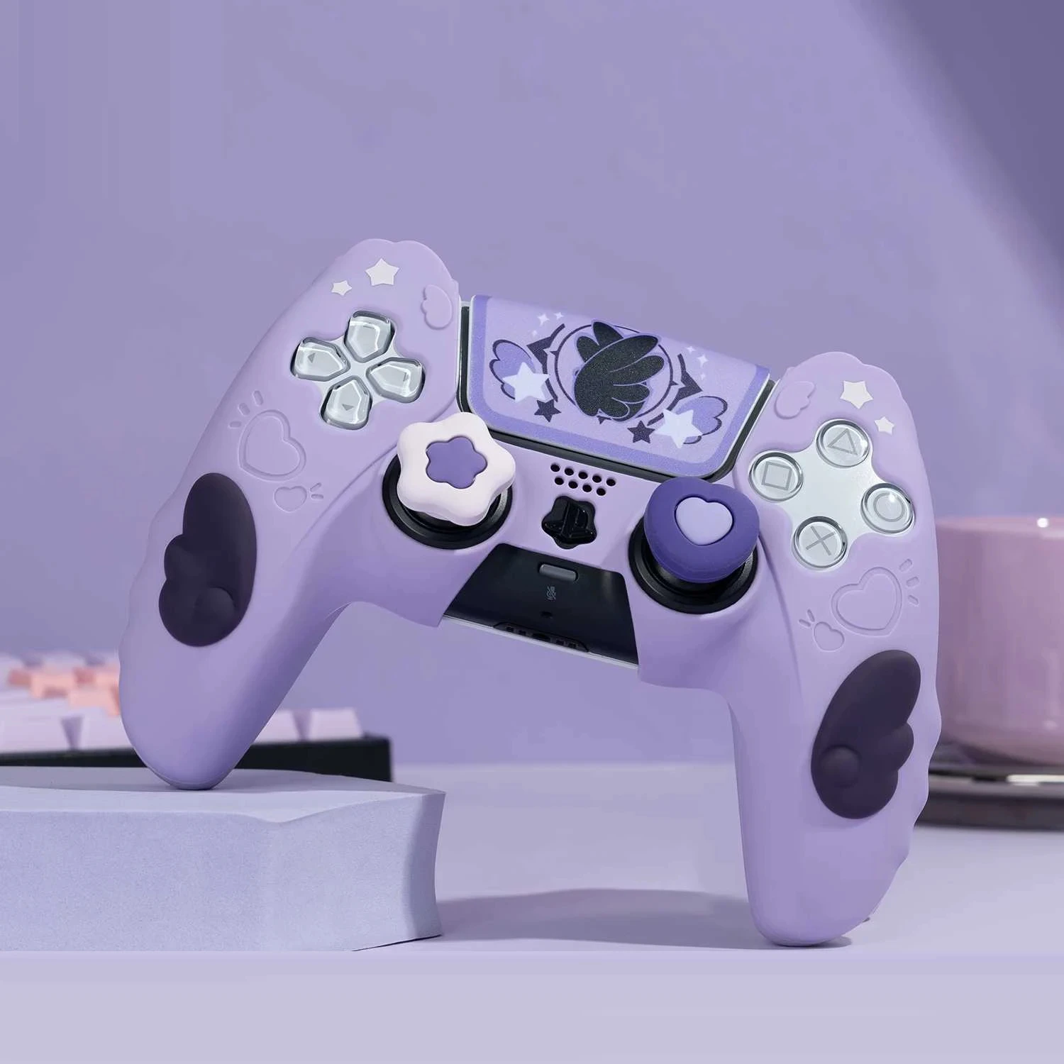 Pink Cat Paw Silicone Protective Case for PS5 Controller with Thumb Grip Cap