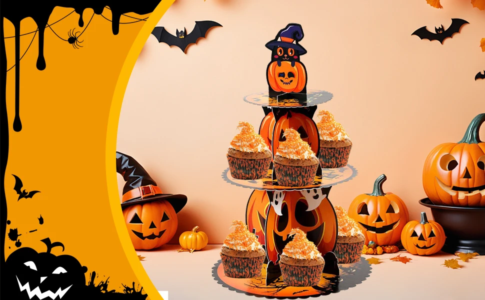Halloween Cupcake Ständer Kürbis Cupcake Halter 3-stufiger Karton Kuchen Dessert Ständer Turm für Halloween Party Supplies Dekor – Detail 12