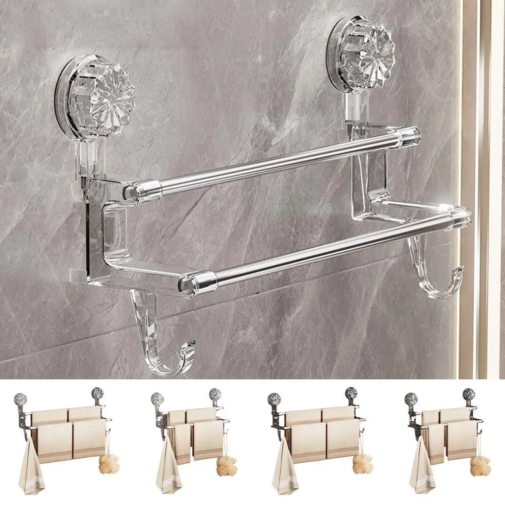Double Layered Towel Bar with Hook Luxurious Suction Cup Towel Rack Bathroom Hanger Holder Wall Mounted