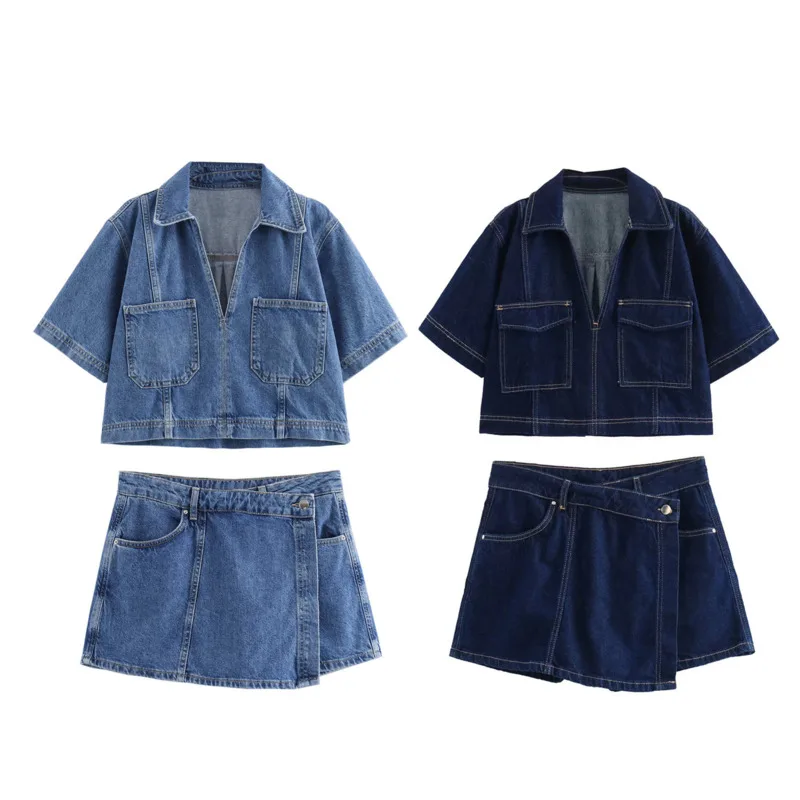 

Summer Women Denim Clothing Fashion Design Versatile Short Denim Shirt Slim Fit Mini Skirt 2 Pieces Set Y2K V Neck Pocket Top