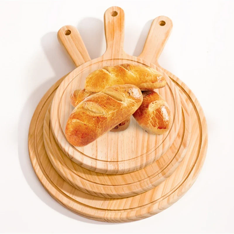 6 to 13inch Wooden Round Pizza board with Hand Pizza Baking Tray Stone Cutting Board Platter Stone Cake Bakeware pizza bakeware
