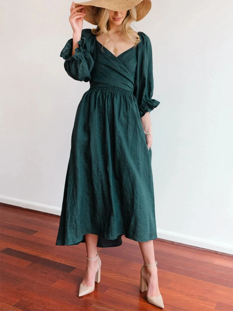 

Vintage Bandage Maxi Dress Women's Elegant V-Neck Dress Latern Sleeve Lace-up Holiday Party Dress French Romantic Long Verstido