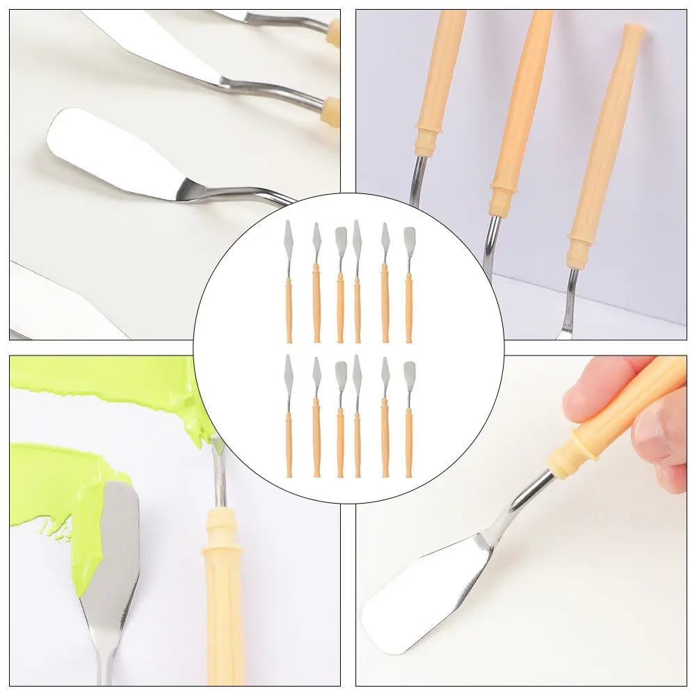 12Pcs 페인팅 스크레이퍼 스테인레스 스틸 블레이드 플라스틱 손잡이 아트 페인팅 도구 오일 아크릴 구아슈 페인트 혼합 스크레이퍼