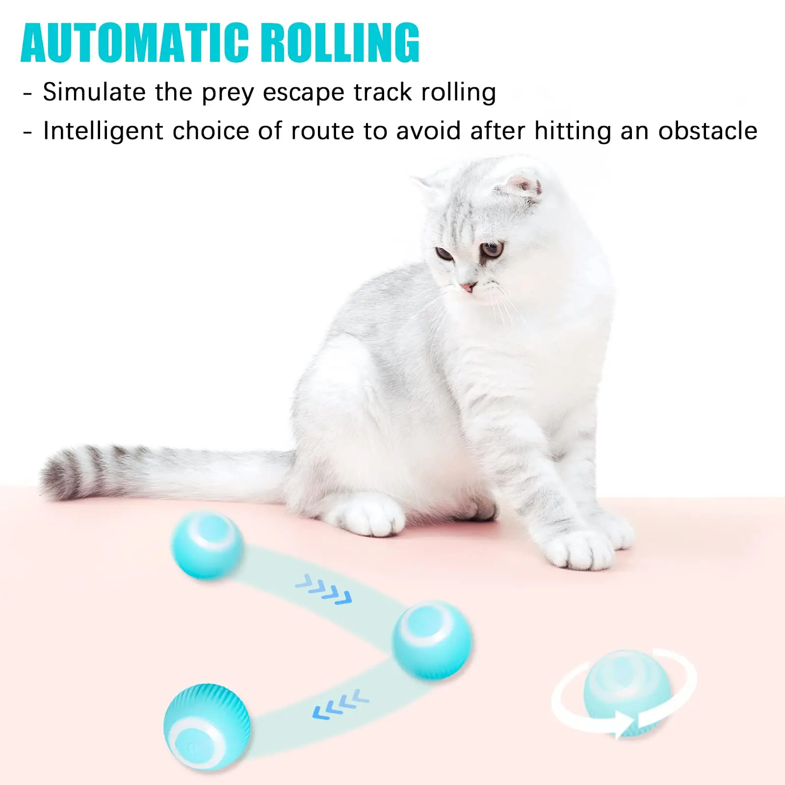 Interactive Cat Toys Ball, Automatic 360° Self-Rotating Rolling Ball with USB Rechargeable Pet Exercise Chase Toy Ball for Kitte