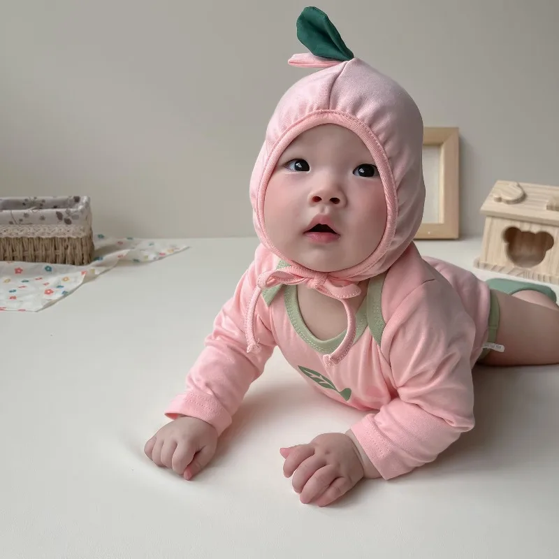Korean Baby Bodysuit Lovely Peach Onesie Long Sleeve Kawaii Cute Fruit Printed Romper Cotton Soft Infant Baby Boy Girl Clothes - Image 3