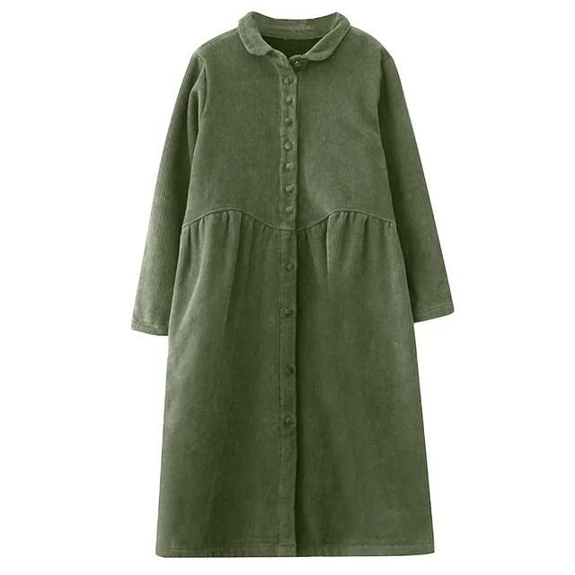 Autumn Winter Thick Corduroy Dress for Women Vintage Solid Casual Loose Long Sleeve Button Shirt Maxi Dress Cardigan Tunic Tops 3