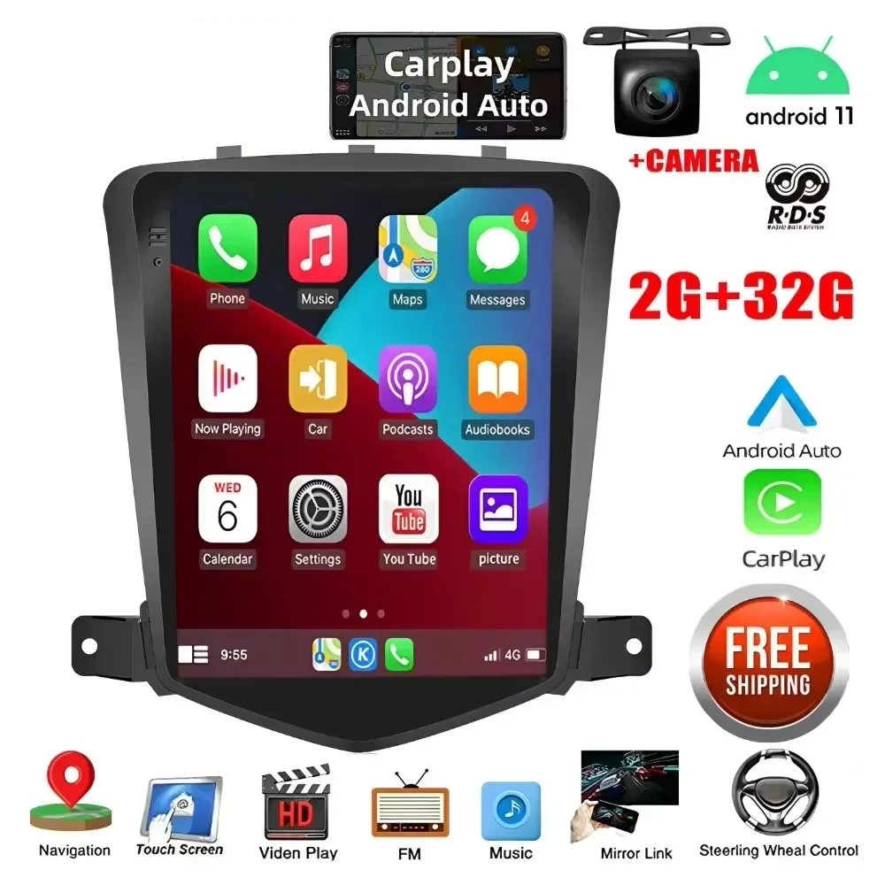For Chevrolet Chevy Cruze 2009-2015 9.7" Stereo Head Unit with Wireless CarPlay Android Auto GPS Bluetooth Backup Camera +Mic