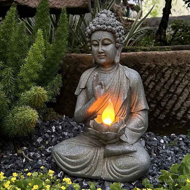 Chinese Style Garden Courtyard Layout Landscaping Buddha Sculptures Home Furnishings Solar Lights Decor Zen Outdoor Ornament 1Pc