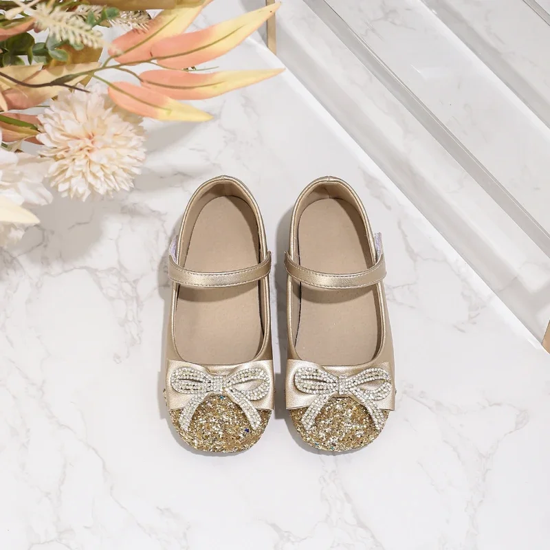 Leather Kids High Heels Shoes with Rhinestone and Sequins for Girls