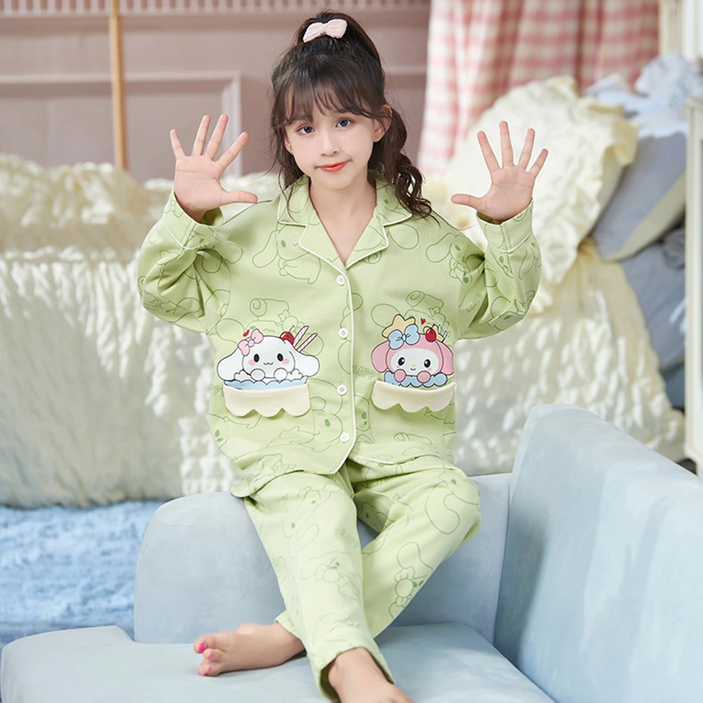 Kawaii Children's Pajamas Anime Melody Kuromi Cinnamoroll Girl Cotton Flip Collar Long Sleeves Cardigan Pants Sleepwear Homewear 3