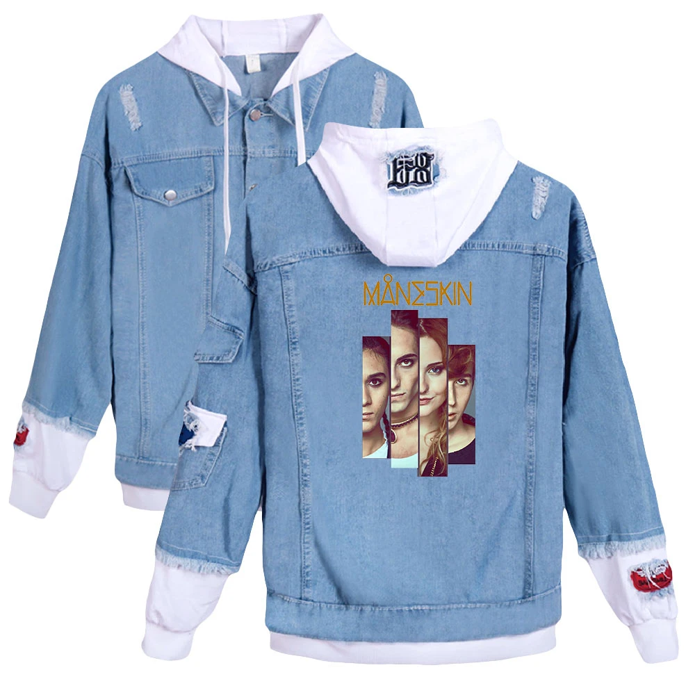 Maneskin print autumn and winter Holiday Preppy Style Men/Women Street clothes Denim HIP HOP Streetwear Hooded fleece