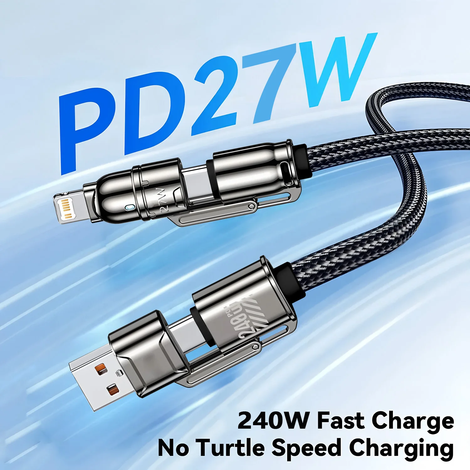 240W 1.8M 초고속 충전 4 in 1 데이터 케이블 듀얼 타입-C+라이트닝+USB 포트 아이폰 삼성 화웨이용 휴대폰 충전 케이블