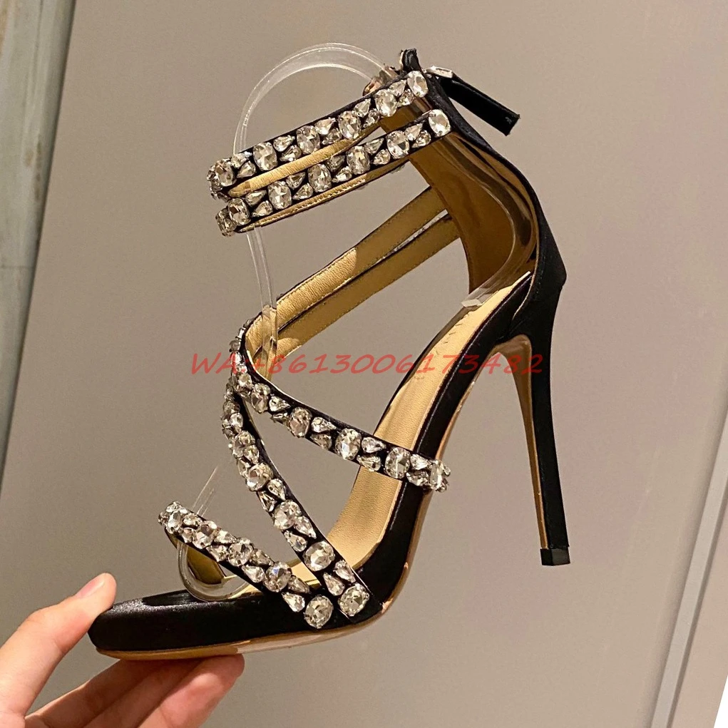 design woman high quality open toe high heel rhinestones beading buckle  sandal lady stiletto heel back zipper crystal sandal| | - AliExpress