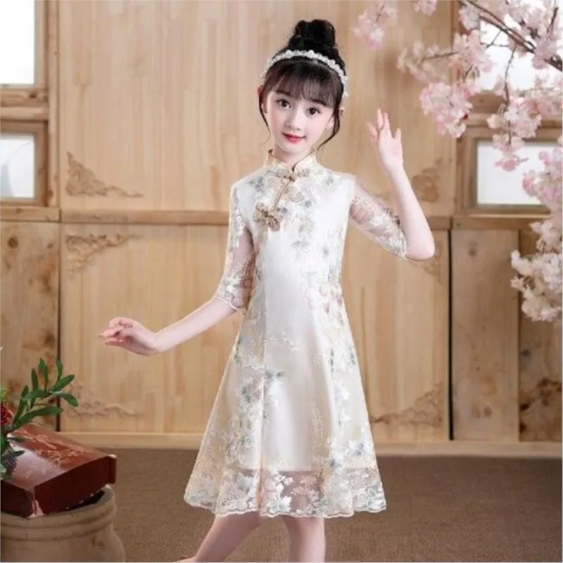 

Girls' Improved Cheongsam Skirt Children's Chinese Princess Dress Tang Costume Performance Dress Middle Sleeve Qipao Skirt LE407