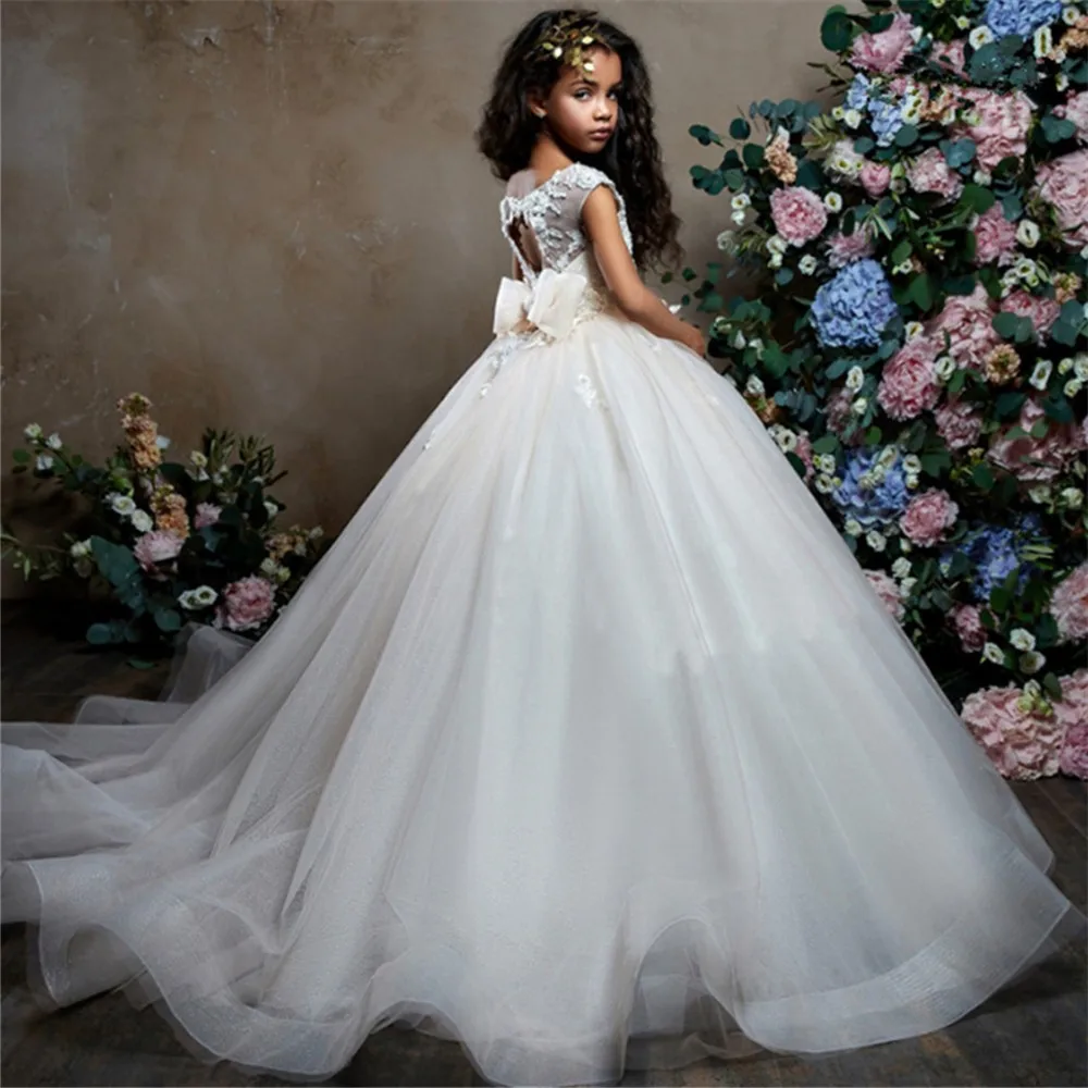 

Flower Girl Dresses For Weddings Kids Pageant Ball Gowns Decal Fluffy First Communion Floor Length Princess Dresses Birthday