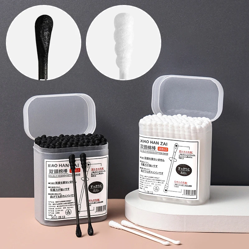100Pcs/Box 2-in-1 Ear Digging Spoon Double Ended Cotton Stick Spiral Ear Cleaner Disposable Cleaning Black And White Cotton Swab 2
