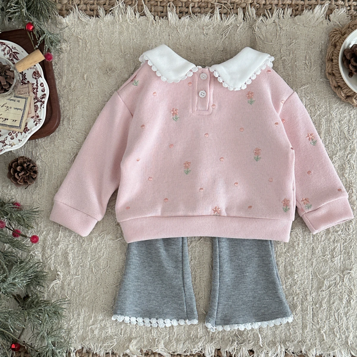 Y2K-Stil Kleinkind Mädchen 2-teiliges Set 1-3 Jahre Rosa Blumenstickerei Sweatshirt + Schlaghose Lässiges Mode-Outfit – Detail 3