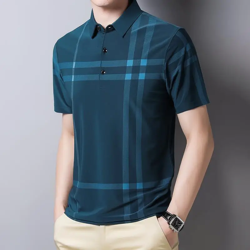 

Summer New Short Sleeve Shirt for Men Stripe Casual Loose Plaid Printed Button Turn-down Collar Polo Fashion Vintage Tops