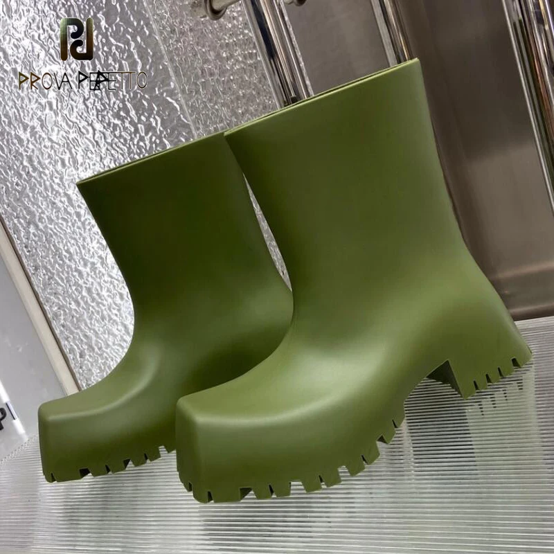 

Square Toe Platform Rain Boots Leather Thick Sole Ankle Boots Designer Booties Green Black White Fashion Comfort Mid-calf Boots